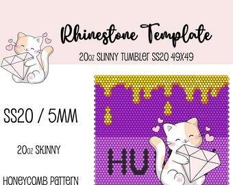 May include: Rhinestone template for a 20 ounce skinny tumbler. The template features a cartoon cat holding a diamond and the word "HU" in a honeycomb pattern. The template is designed for 5mm rhinestones and is 49 by 49 stitches.