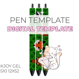 Può includere: Tre penne con motivi verdi, arancioni e neri con un gatto bianco che tiene un diamante e cuori. Il testo "PEN TEMPLATE DIGITAL TEMPLATE" e "INKJOY GEL SS10 12X52" è visibile.