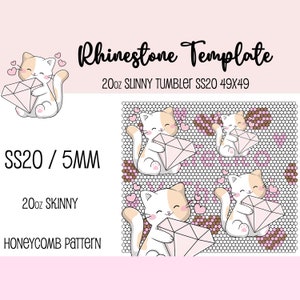 May include: Rhinestone template for a 20oz skinny tumbler. The template features a cute cartoon cat holding a diamond. The template is designed for SS20 size rhinestones and is 49x49 squares. The template is on a honeycomb pattern.