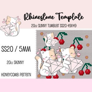 May include: Rhinestone template for a 20oz skinny tumbler. The template features a cute cartoon cat holding a diamond and cherries. The template is designed for SS20 (5mm) rhinestones and is 49x49 squares. The template is labeled "Honeycomb Pattern".