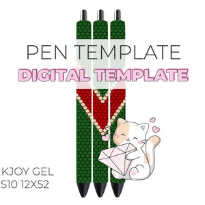 Può includere: Tre penne verdi, nere e rosse con un design a forma di diamante e gatto. Le penne sono etichettate "INKJOY GEL SS10 12X52" e "PEN TEMPLATE DIGITAL TEMPLATE".