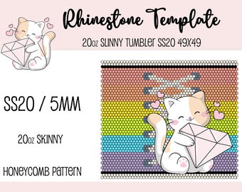 May include: Rhinestone template for a 20oz skinny tumbler. The template features a cartoon cat holding a diamond and hearts. The template is 49x49 stitches and uses SS20 5mm rhinestones. The template is for a honeycomb pattern.