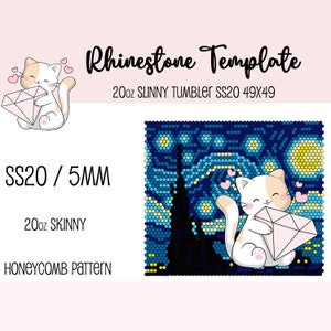 May include: Rhinestone template for a 20oz skinny tumbler. The template features a cat holding a diamond in front of a starry night sky. The template is for SS20 (5mm) rhinestones and measures 49x49.