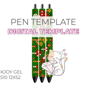 Può includere: Tre penne con motivi verdi, arancioni e bianchi con punte nere. Le penne sono disposte verticalmente e sono etichettate "PEN TEMPLATE DIGITAL TEMPLATE INKJOY GEL SS10 12X52". Un gatto bianco dei cartoni animati con orecchie arancioni tiene un diamante rosa e guarda le penne.
