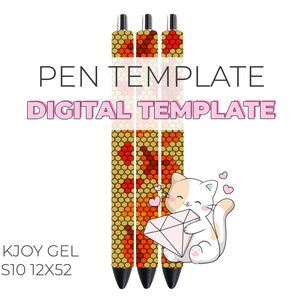 Può includere: Tre penne con motivi dorati e arancioni con punte nere. Le penne sono disposte verticalmente e hanno il testo "PEN TEMPLATE DIGITAL TEMPLATE" sopra di loro. Il testo "INKJOY GEL SS10 12X52" è sotto le penne. Un gatto dei cartoni animati che tiene un diamante è a destra delle penne.