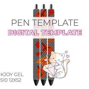 Può includere: Tre penne nere con un motivo geometrico in tonalità arancio, rosso e grigio. Le penne sono etichettate "INKJOY GEL SS10 12X52". Il testo "PEN TEMPLATE DIGITAL TEMPLATE" è sopra le penne. Un gatto dei cartoni animati che tiene un diamante è a destra delle penne.
