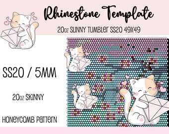 May include: Rhinestone template for a 20oz skinny tumbler. The template features a cute cartoon cat holding a diamond. The template is designed for SS20/5mm rhinestones and has a honeycomb pattern. The template is 49x49.