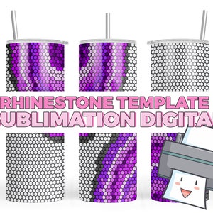 May include: Digital sublimation design template for a 20 oz tumbler featuring a rhinestone pattern with purple and white colors. The design is perfect for creating custom tumblers for personal use or for sale.