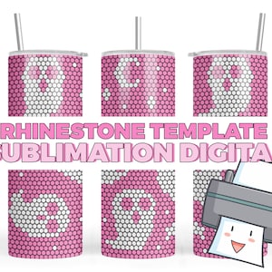 May include: Three pink and white sublimation tumblers with a rhinestone template design. The tumblers are shown with a cartoon printer and the text "Rhinestone Template Sublimation Digital".