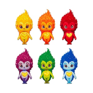 Puede incluir: Seis figuras de dibujos animados coloridas con cabello en forma de llama y pechos en forma de corazón. Las figuras son en tonos de amarillo, naranja, rojo, morado, verde y azul. Cada una tiene ojos grandes y una expresión sonriente.