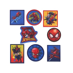 May include: A set of eight colorful iron-on patches featuring Spider-Man in various poses and with different phrases, including "Thwip!" and "Super Hero".