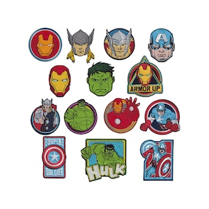 May include: A set of 13 iron-on patches featuring various Marvel superhero characters, including Iron Man, Hulk, Captain America, and Thor. The patches are circular, square, and rectangular in shape and feature a variety of colours, including red, green, blue, yellow, and black. The patches are perfect for adding a touch of superhero flair to clothing, bags, or other accessories.