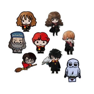May include: Set of 9 embroidered iron-on patches featuring characters from the Harry Potter series. The patches include Harry Potter, Ron Weasley, Hermione Granger, Draco Malfoy, Neville Longbottom, Luna Lovegood, and Hedwig the owl.