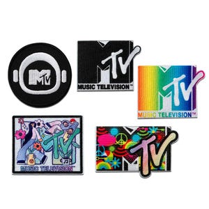 May include: Five embroidered patches featuring the MTV logo. Designs include the logo in black and white, a rainbow gradient, and a floral and peace sign design. Each patch has the words "MUSIC TELEVISION" embroidered on it.
