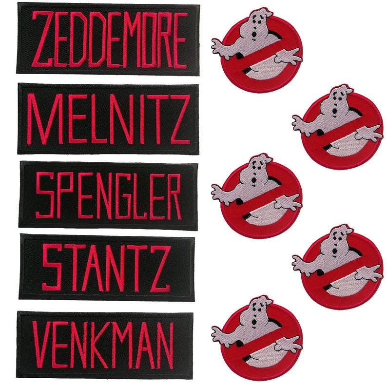 May include: Set of six black and red embroidered patches featuring the names of the Ghostbusters characters: Venkman, Stantz, Spengler, Melnitz, Zeddemore, and a Ghostbusters logo.