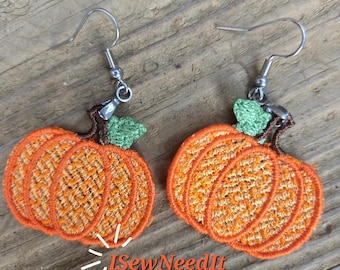 Archivo de bordado de aretes de encaje de calabaza: Diseño otoñal (descarga digital)