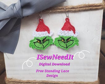 Mean Green Man Lace Earrings: Christmas Embroidery Design (Digital Download)