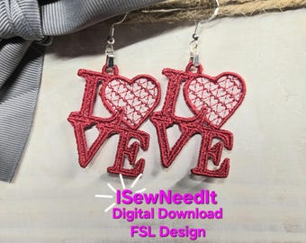 Love Valentine FSL Earrings: Embroidery Machine Design (Digital Download)