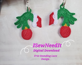 Mean Green Man Hand Free Standing Lace Earrings: Christmas Embroidery  Design (Digital Download)