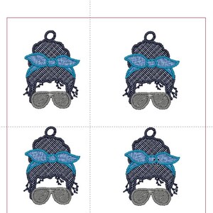 May include: Four embroidered designs of a woman's face with a messy bun, sunglasses, and a blue bandana. The designs are arranged in a grid, with dark blue and light blue accents.