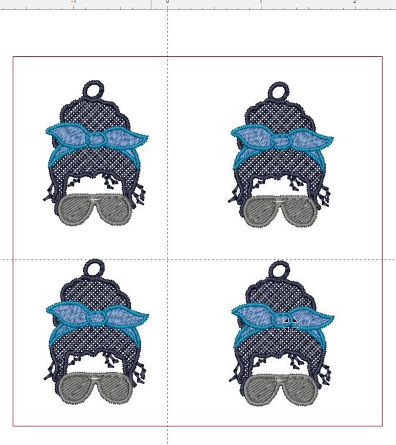 May include: Four embroidered designs of a woman's face with a messy bun, sunglasses, and a blue bandana. The designs are arranged in a grid, with dark blue and light blue accents.