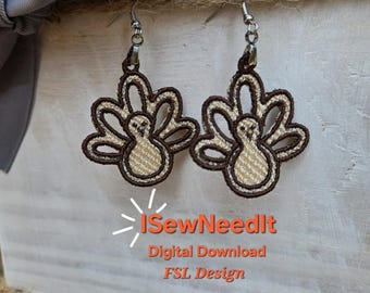 May include: Embroidered turkey earrings with brown and tan details. The earrings are on silver hooks and are displayed on a white wooden box with a gray bow and twine. The text "I SewNeedIt" is visible.
