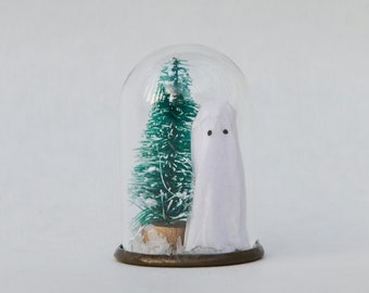 Adopt a Christmas Spirit with tree - friendly ghost in a cloche - handmade holiday decor