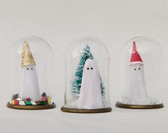Adopt a Holiday Ghoul Gang - trio of friendly ghosts in cloches - handmade holiday decor