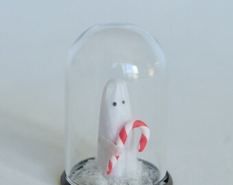 Adopt a Holiday Spirit with candy cane - friendly ghost in a cloche - handmade holiday decor