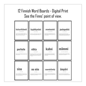 Set of 12 Finnish Word Boards,  Finnish print, Finnish gift, digital print, multiple print sizes