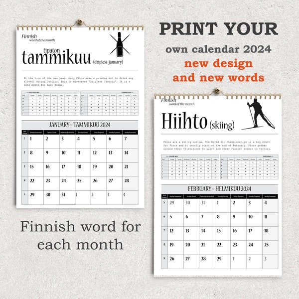 Finnish Words DIGITAL PRINT New design with pictures, Wall calendar 2024, Print your own calendar, Finnish gift