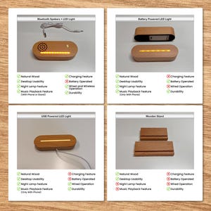 May include: Four different wooden LED light bases with various features. The first base is a Bluetooth speaker with a yellow LED light strip. The second base is battery powered with a yellow LED light strip. The third base is USB powered with a yellow LED light strip. The fourth base is a wooden stand with no lights.