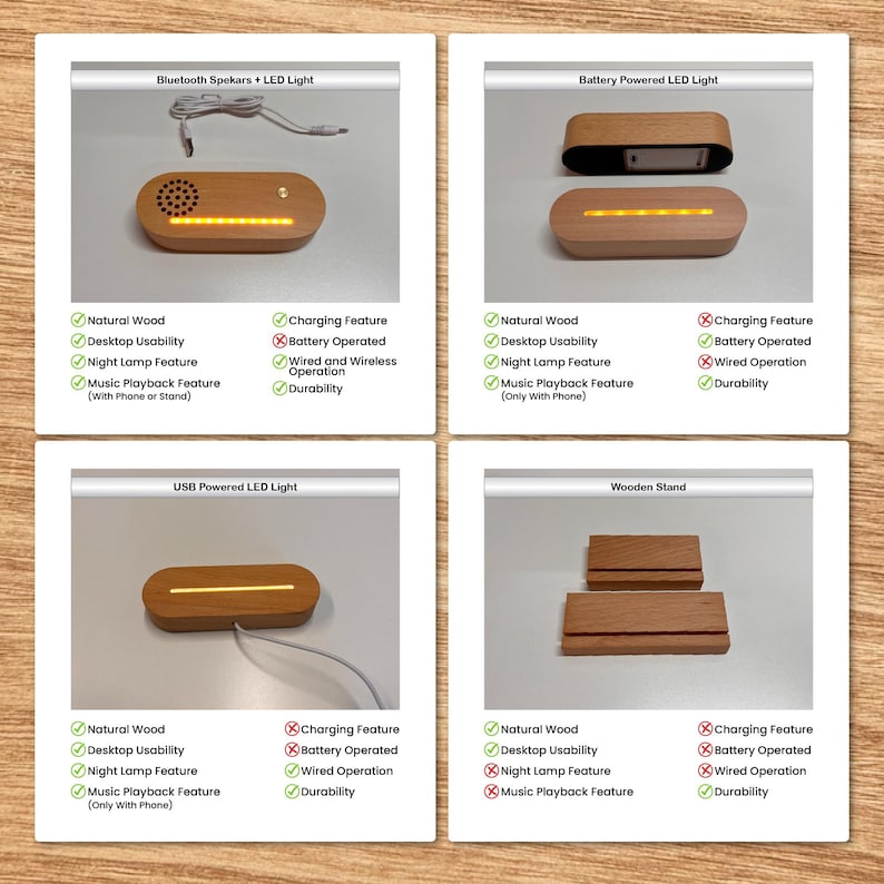 May include: Four different wooden LED light bases with various features. The first base is a Bluetooth speaker with a yellow LED light strip. The second base is battery powered with a yellow LED light strip. The third base is USB powered with a yellow LED light strip. The fourth base is a wooden stand with no lights.