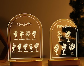 Veilleuse personnalisée pour maman avec socle, plaque cadeau idéale pour la fête des mères personnalisée, lampe de nuit fleur de naissance, cadeaux faits main pour maman