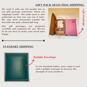 May include: Two different shipping options for gifts. The first option is a pink gift box with a pink tissue paper inside. The second option is a green bubble envelope. The text on the image reads "Gift Pack Selection Shipping" and "Standard Shipping".