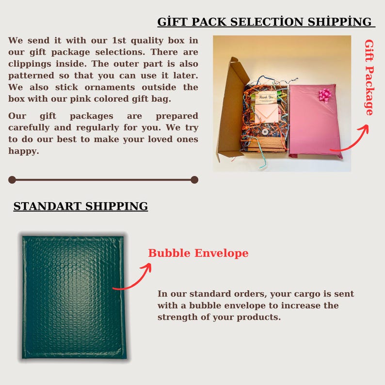 May include: Two different shipping options for gifts. The first option is a pink gift box with a pink tissue paper inside. The second option is a green bubble envelope. The text on the image reads "Gift Pack Selection Shipping" and "Standard Shipping".