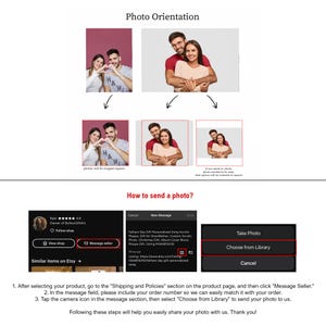 May include: A guide on how to send a photo for a personalized product. The guide shows two different photo orientations and a screenshot of the Etsy message section with instructions on how to send a photo.