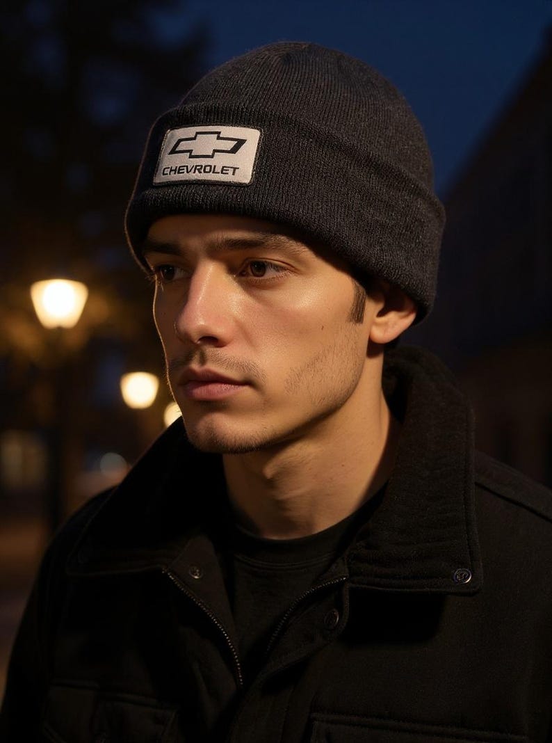 May include: A dark gray beanie with a white rectangular patch featuring the Chevrolet logo. The hat is worn by a person wearing a black jacket. The background is blurred with streetlights.
