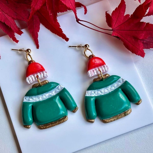 Boucles d'oreilles de noël pull et bonnet en polymère et métal hypoallergénique faites main, cadeau femme, Modèle NOËL 7