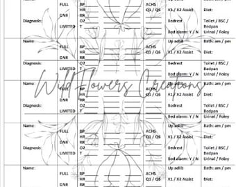 Könnte beinhalten: Eine weiße medizinische Tabelle mit Abschnitten für Patienteninformationen, Vitalzeichen und tägliche Pflege. Die Tabelle enthält florale Strichzeichnungen und den Text "Wild Flowers Creations".