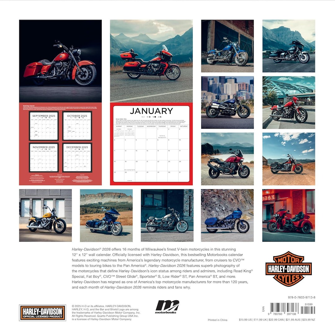 2026 HARLEY-DAVIDSON Motorcycle 12x12 Wall Calendar - 16 Months