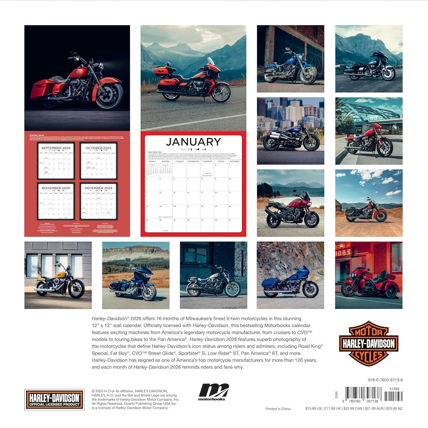 2026 HARLEY-DAVIDSON Motorcycle 12x12 Wall Calendar - 16 Months