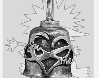 May include: A silver motorcycle bell with a heart-shaped design and the words "Love" and "Ride" inscribed on it.