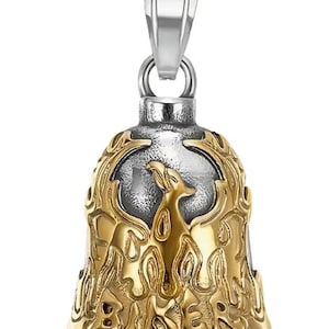 May include: A silver and gold-toned biker bell pendant. The bell features a gold-colored flame design around the sides and a silver-colored interior with a bird-like figure. The word "BIKER" is visible on the bell.