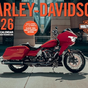 May include: A Harley-Davidson 2026 16-month calendar featuring a red motorcycle. The calendar includes classic 1960s Harley-Davidson artwork. The calendar measures 17 x 12 inches.