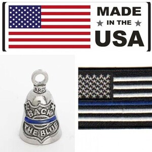 May include: Silver motorcycle bell with a blue and white enamel design that says "Back the Blue". The bell is made in the USA and comes with a thin blue line American flag.