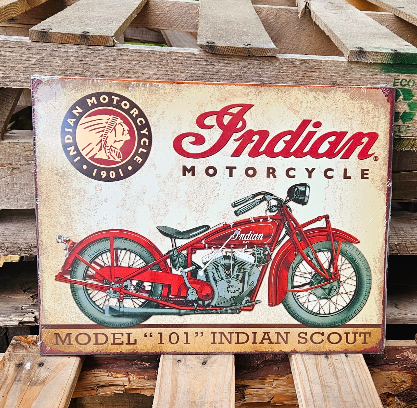 美品★ INDIAN MOTORCYCLE by SUGAR CANE つなぎ INDIAN MOTORCYCLE Tin Sign Model 101 Scout Wall Decor Garage Man
