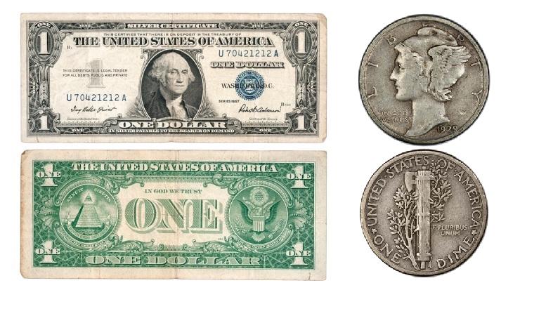 Arm-001キリキア・アルメニア王国 ヘトゥム1世とザベル女王 ドラム銀貨 1957 One Dollar Silver Certificate & Mercury Dime 90% Silver US