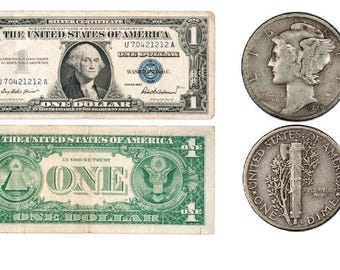 1957 One Dollar Silver Certificate & Mercury Dime 90% Silver US Currency