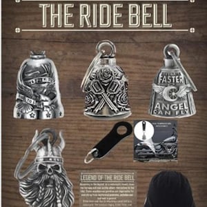 May include: An assortment of Ride Bells in various designs, including an eagle, roses, and a winged wheel, with the text "THE RIDE BELL" at the top. Also included is a black key chain and a small card with a motorcycle graphic.